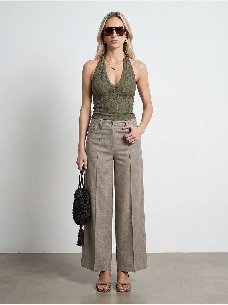 Pantalon large à taille haute avec plis dilvin Beige argile - Kiabi