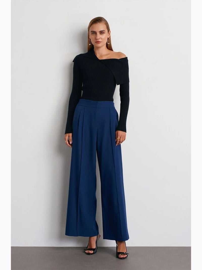 Pantalon large à taille haute avec plis dilvin Bleu marine - Kiabi