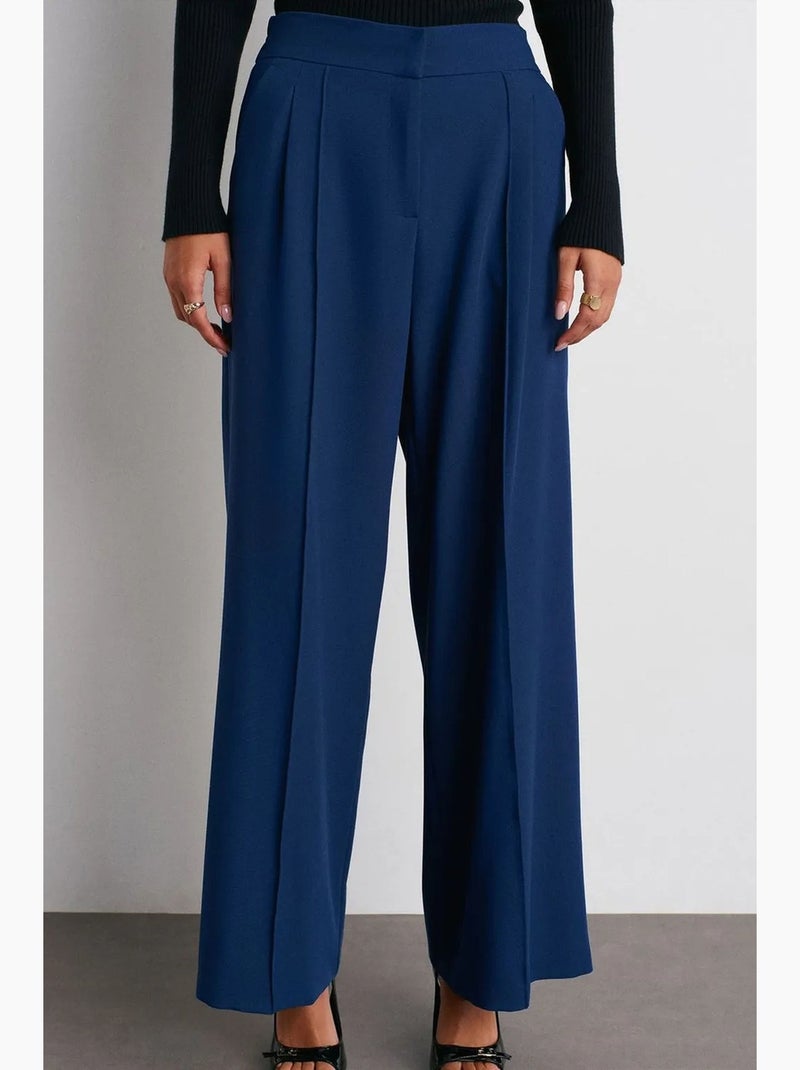 Pantalon large à taille haute avec plis dilvin Bleu marine - Kiabi