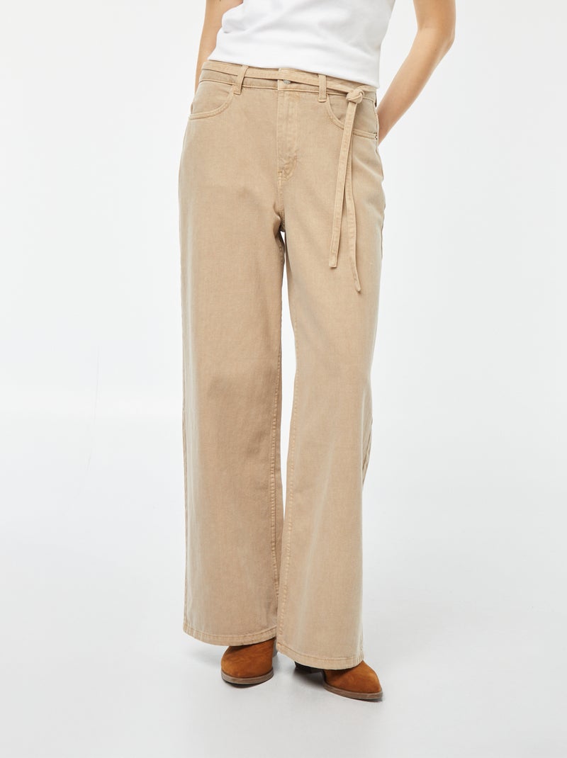 Pantalon large à taille haute en twill avec ceinture à nouer BEIGE - Kiabi