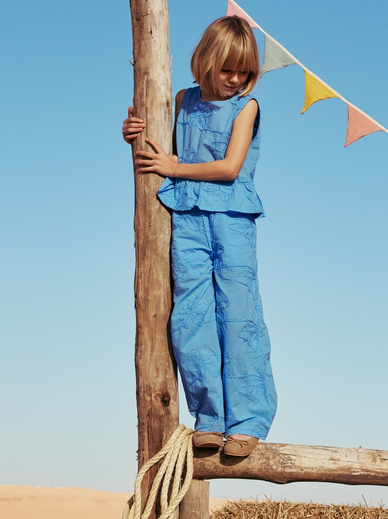 Pantalon large avec broderies Bleu - Kiabi