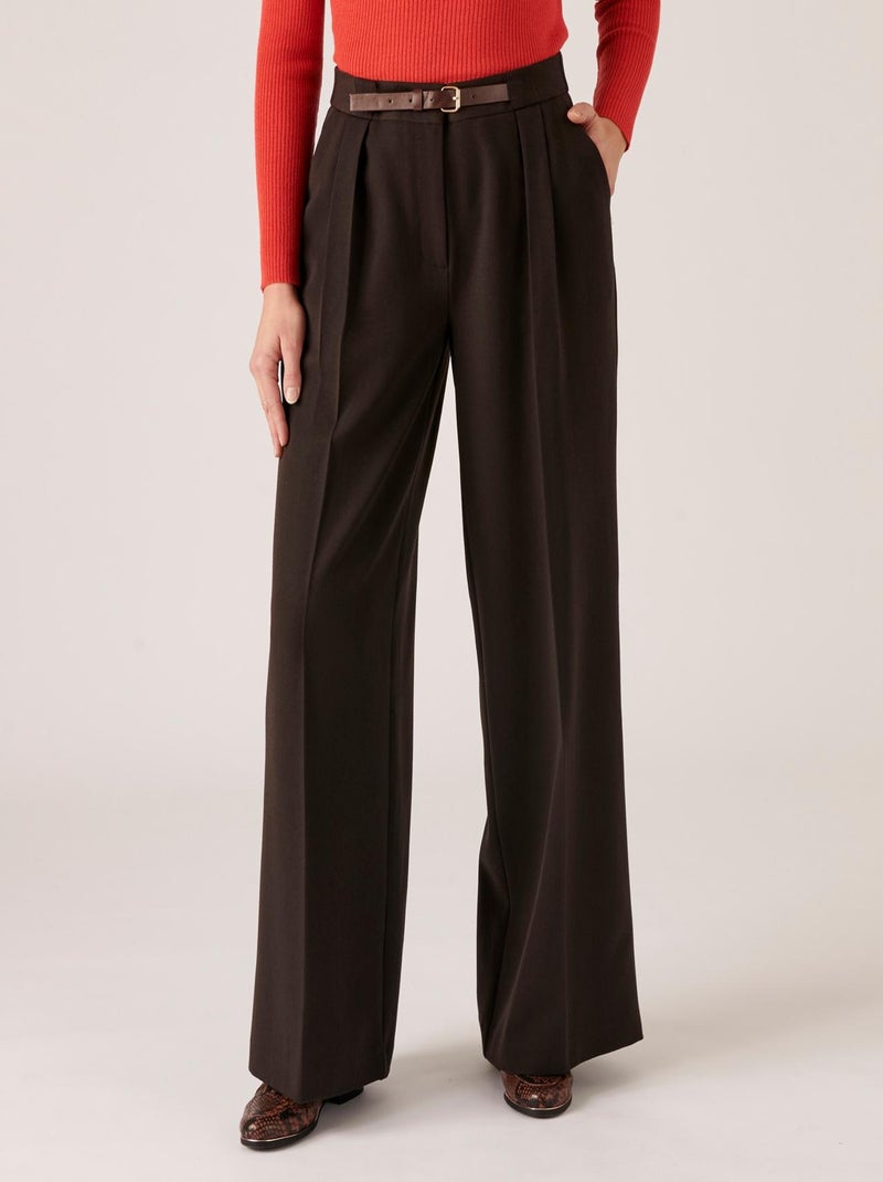 Pantalon large avec ceinture - Damart Marron foncé - Kiabi