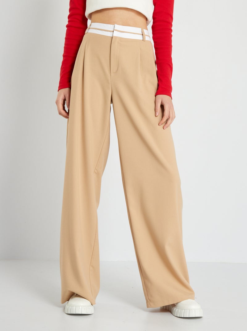 Pantalon large avec ceinture contrastante Beige - Kiabi