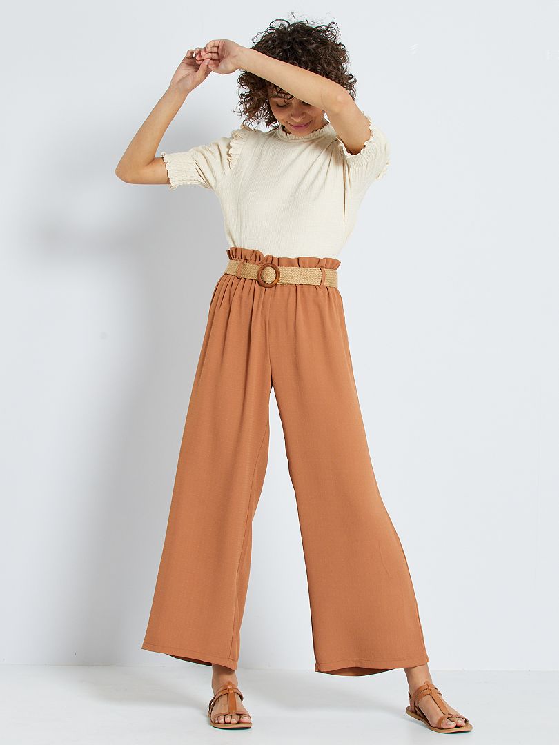 Pantalon large avec ceinture en paille ORANGE - Kiabi