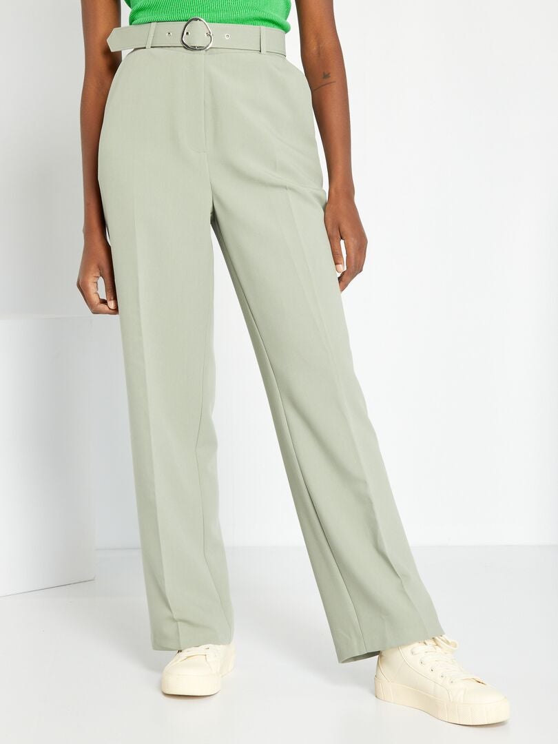 Pantalon large avec ceinture Vert gris - Kiabi