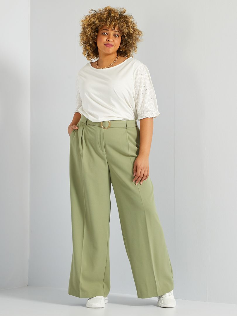 Pantalon large avec ceinture vert kaki - Kiabi