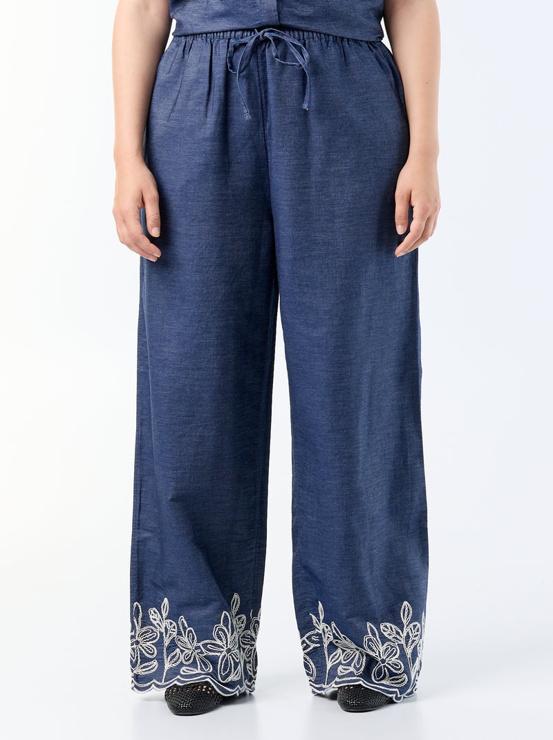 Pantalon large avec imprimés brodés Bleu - Kiabi