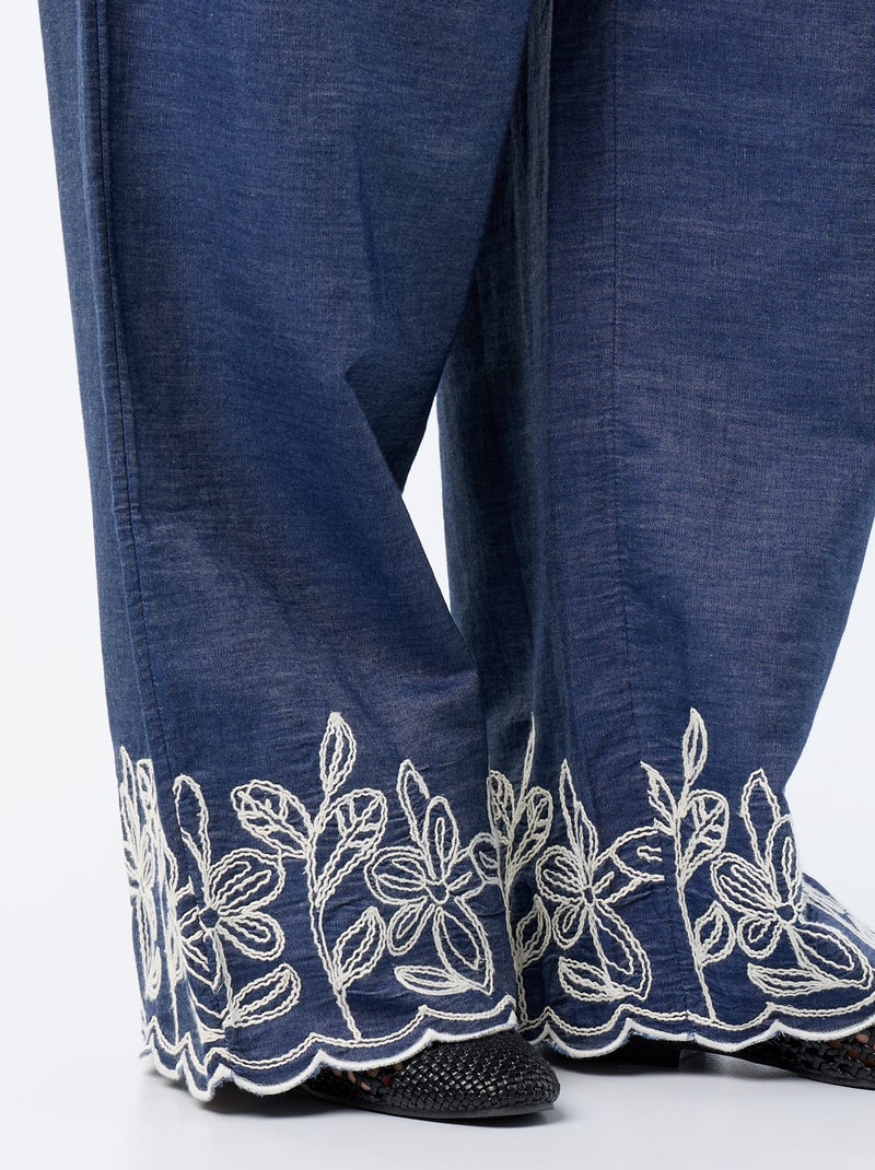 Pantalon large avec imprimés brodés Bleu - Kiabi