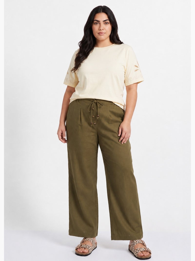 Pantalon large avec lin, style ethnique - afibel Kaki - Kiabi