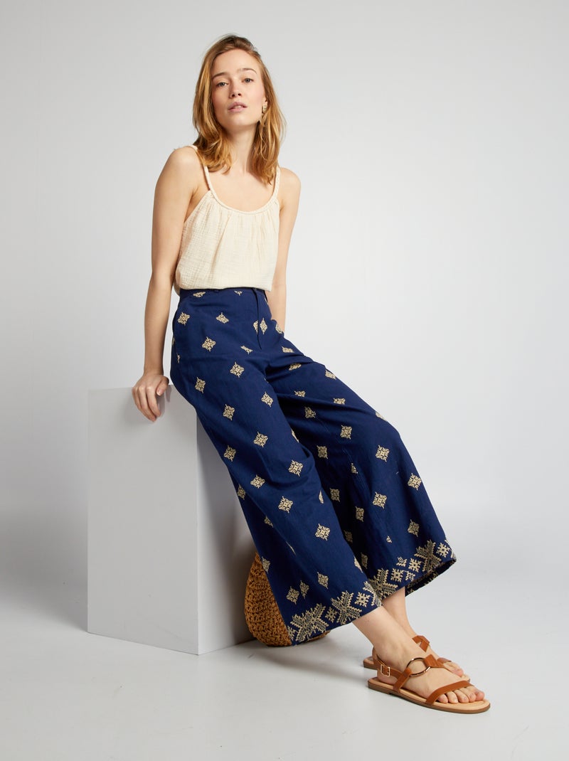 Pantalon large avec motifs brodés Bleu - Kiabi