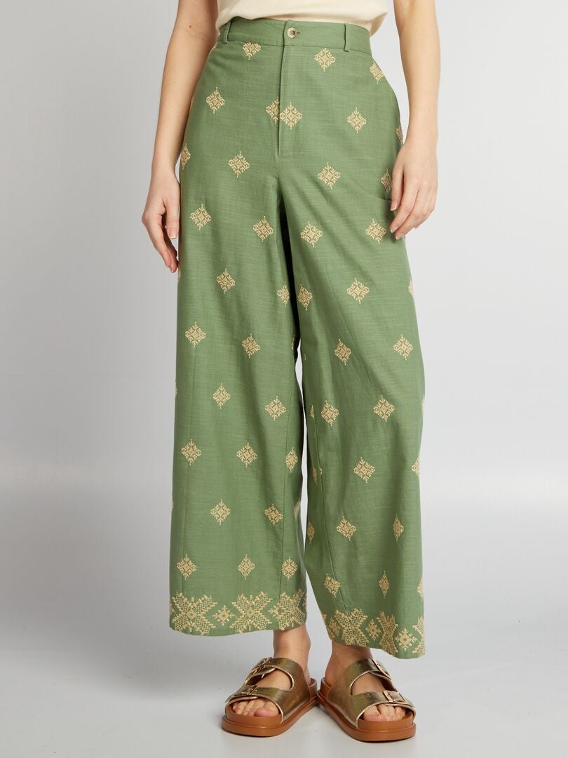 Pantalon large avec motifs brodés Vert - Kiabi