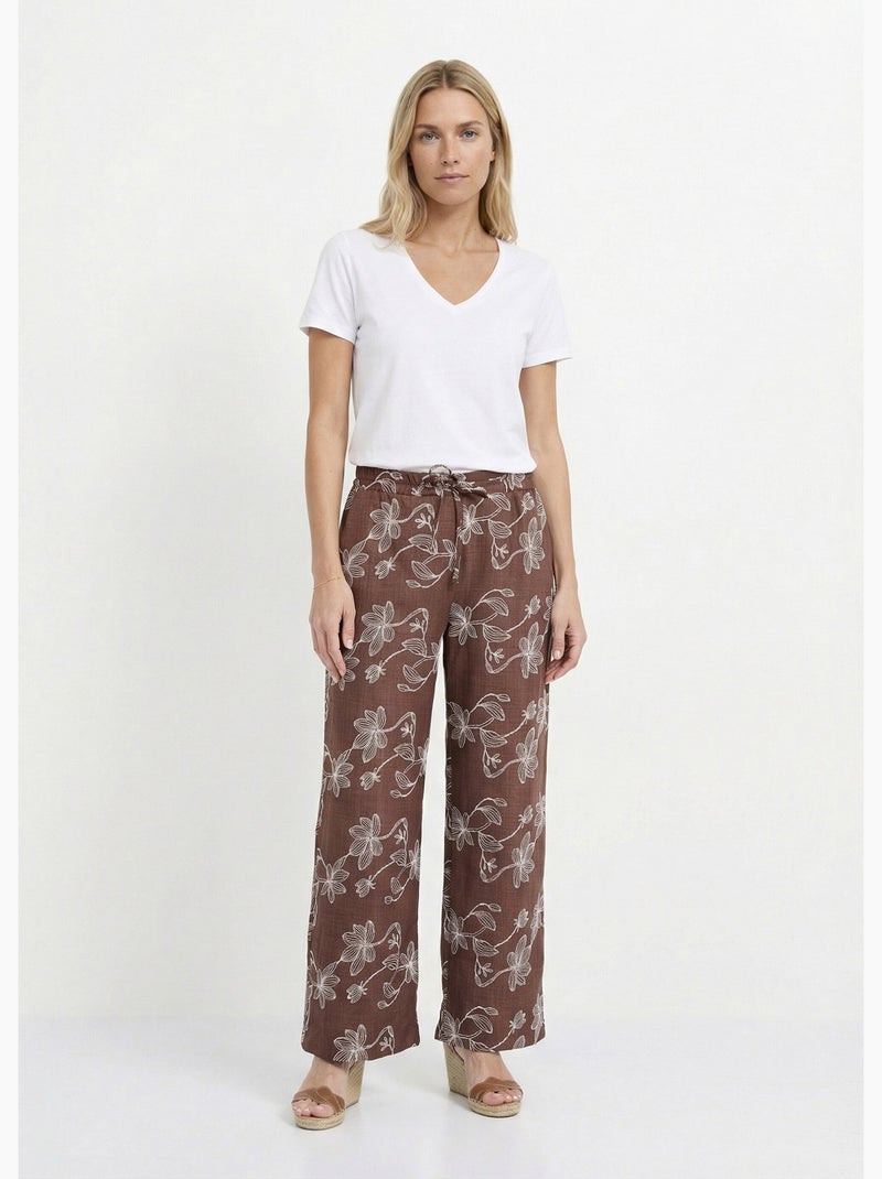 Pantalon large avec sérigraphies fleurs - Afibel Marron chocolat - Kiabi