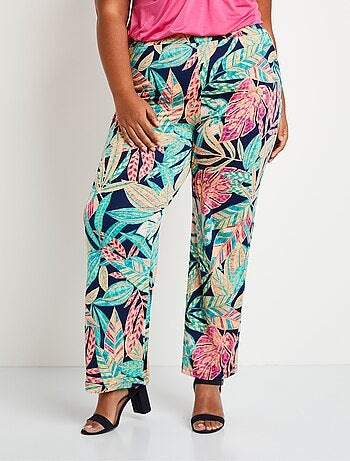Pantalon large ceinture élastiquée feuillage