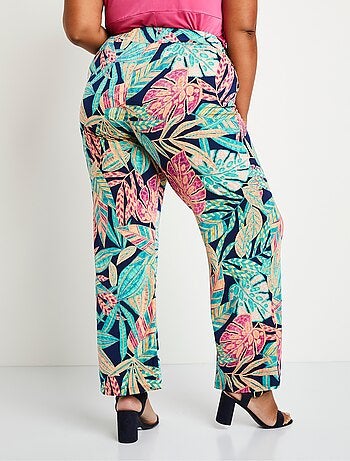 Pantalon large ceinture élastiquée feuillage