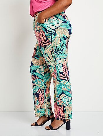 Pantalon large ceinture élastiquée feuillage