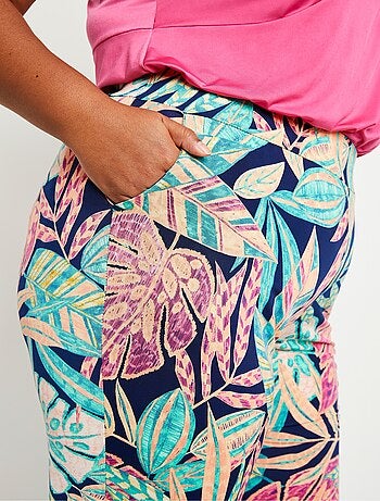 Pantalon large ceinture élastiquée feuillage
