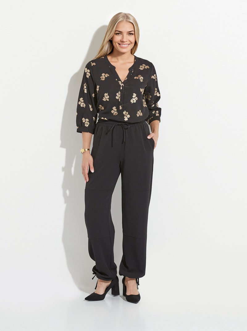 Pantalon large ceinture élastiquée maille crêpe unie - AFIBEL Noir - Kiabi