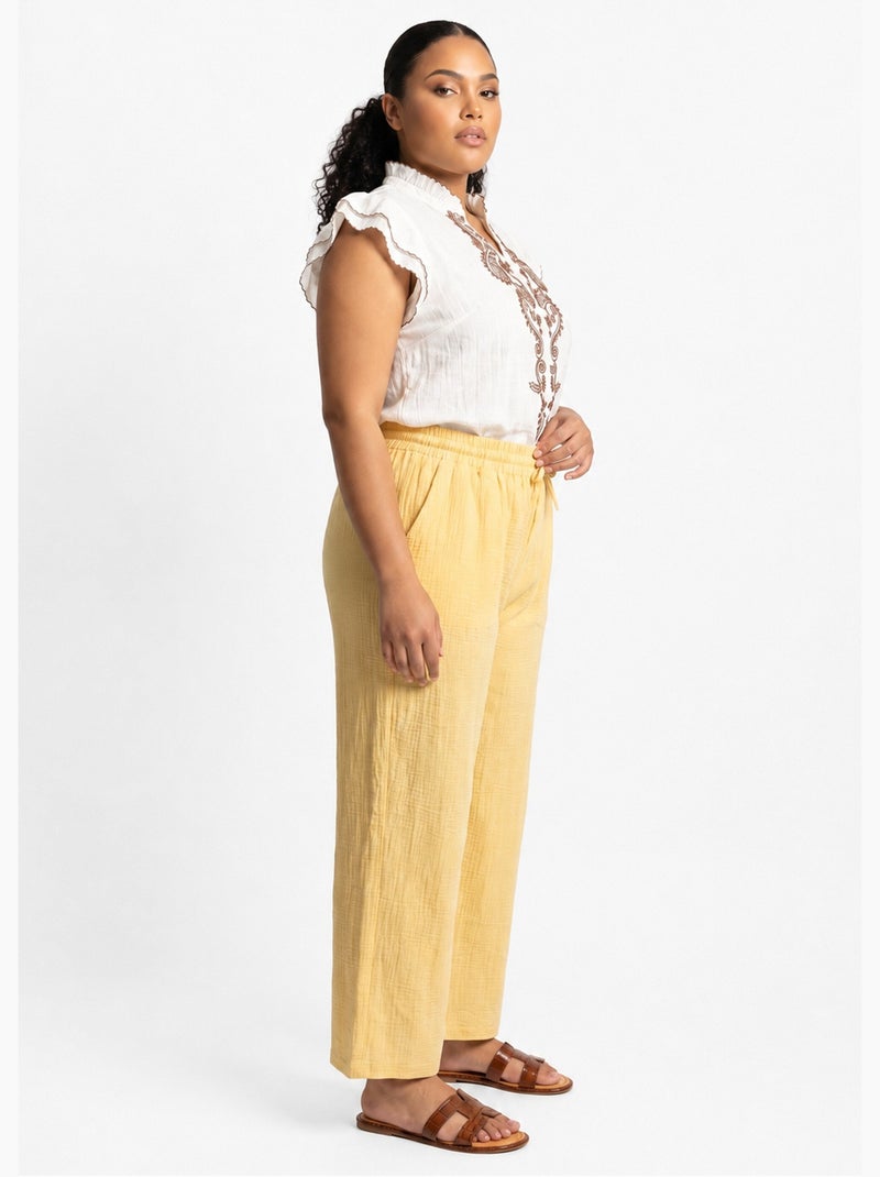 Pantalon large chiné élastiqué avec lin - AFIBEL Jaune - Kiabi