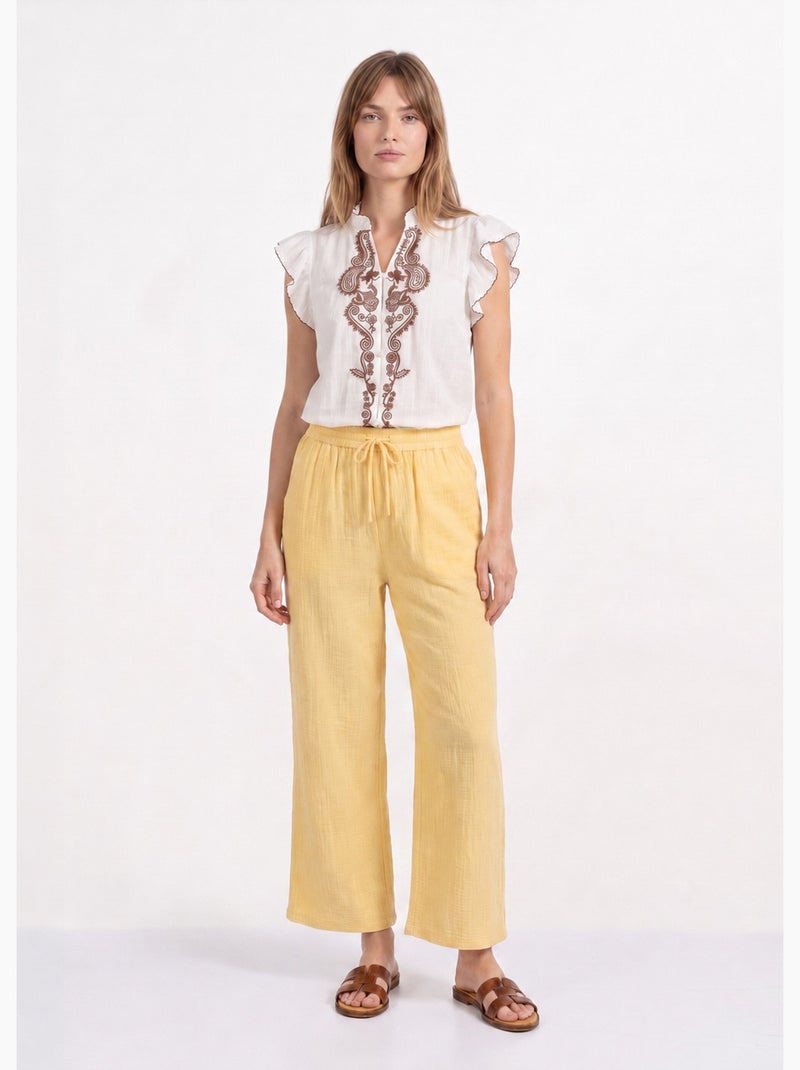 Pantalon large chiné élastiqué avec lin - AFIBEL Jaune - Kiabi