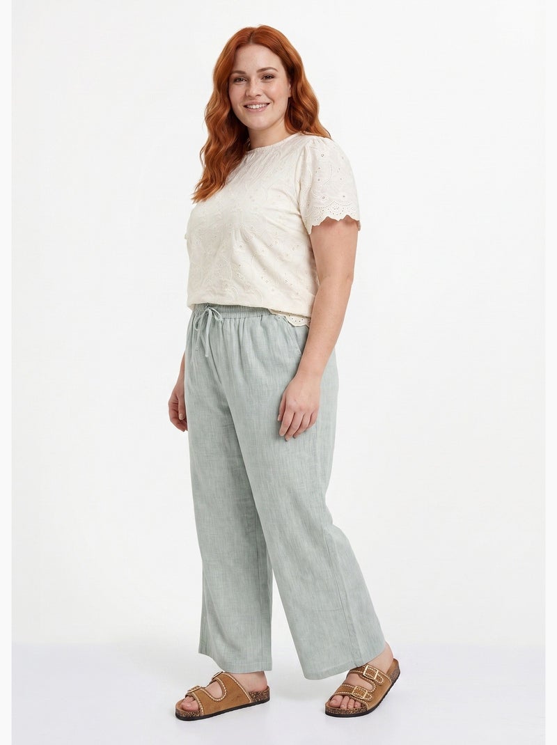 Pantalon large chiné élastiqué avec lin - AFIBEL Vert - Kiabi