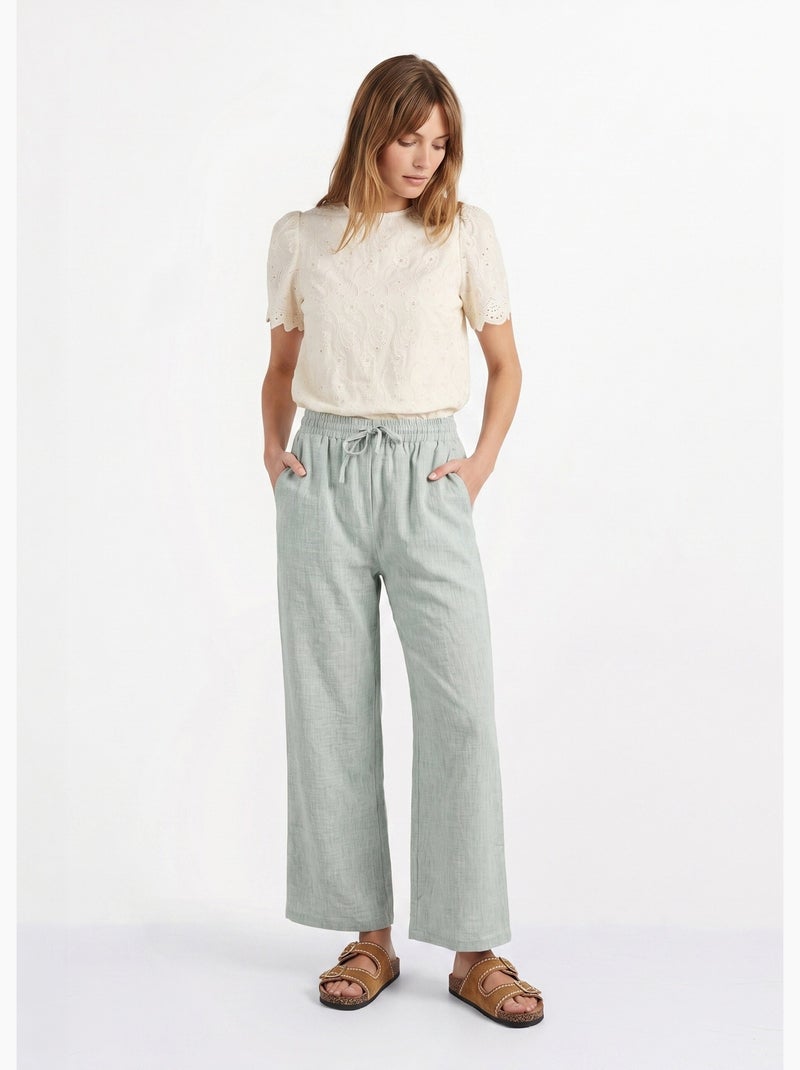 Pantalon large chiné élastiqué avec lin - AFIBEL Vert - Kiabi