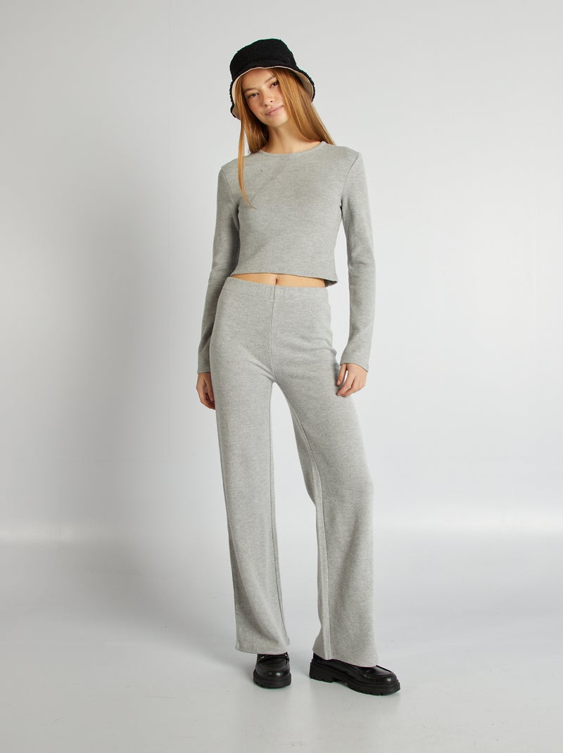 Pantalon large côtelé en maille doudou Gris - Kiabi