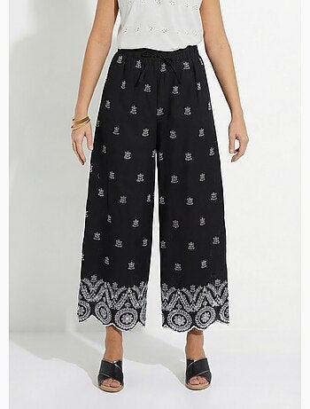 Pantalon large coton brodé taille élastiquée - afibel