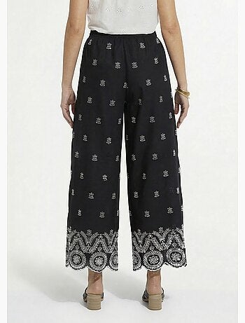 Pantalon large coton brodé taille élastiquée - afibel
