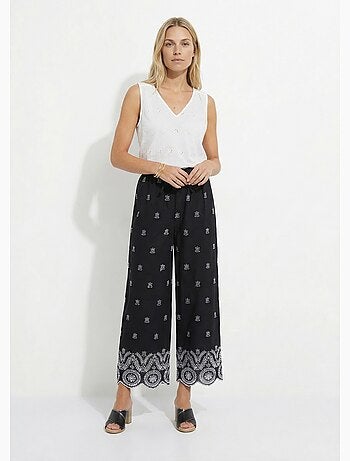 Pantalon large coton brodé taille élastiquée - afibel