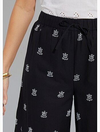 Pantalon large coton brodé taille élastiquée - afibel