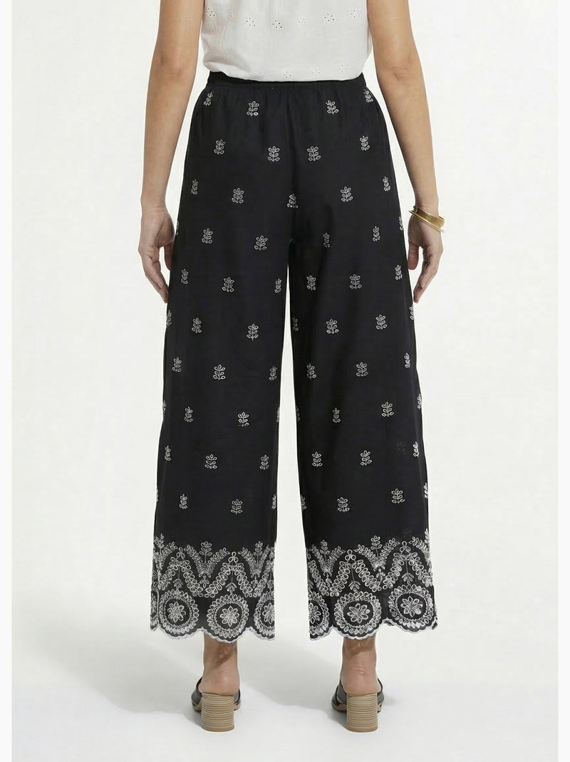 Pantalon large coton brodé taille élastiquée - afibel Noir Blanc - Kiabi
