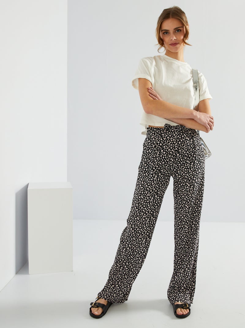 Pantalon large cropped à motifs Noir - Kiabi