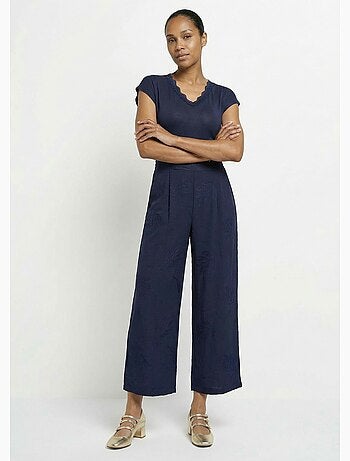 Pantalon large élastiqué brodé feuillage - Afibel