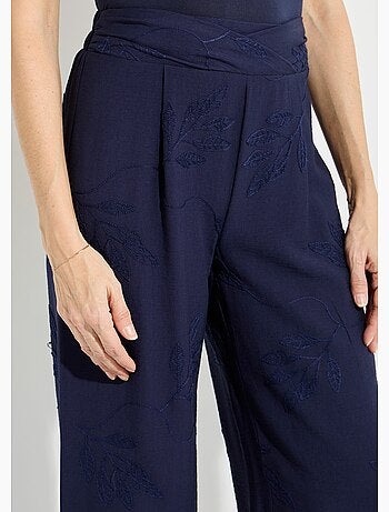 Pantalon large élastiqué brodé feuillage - Afibel