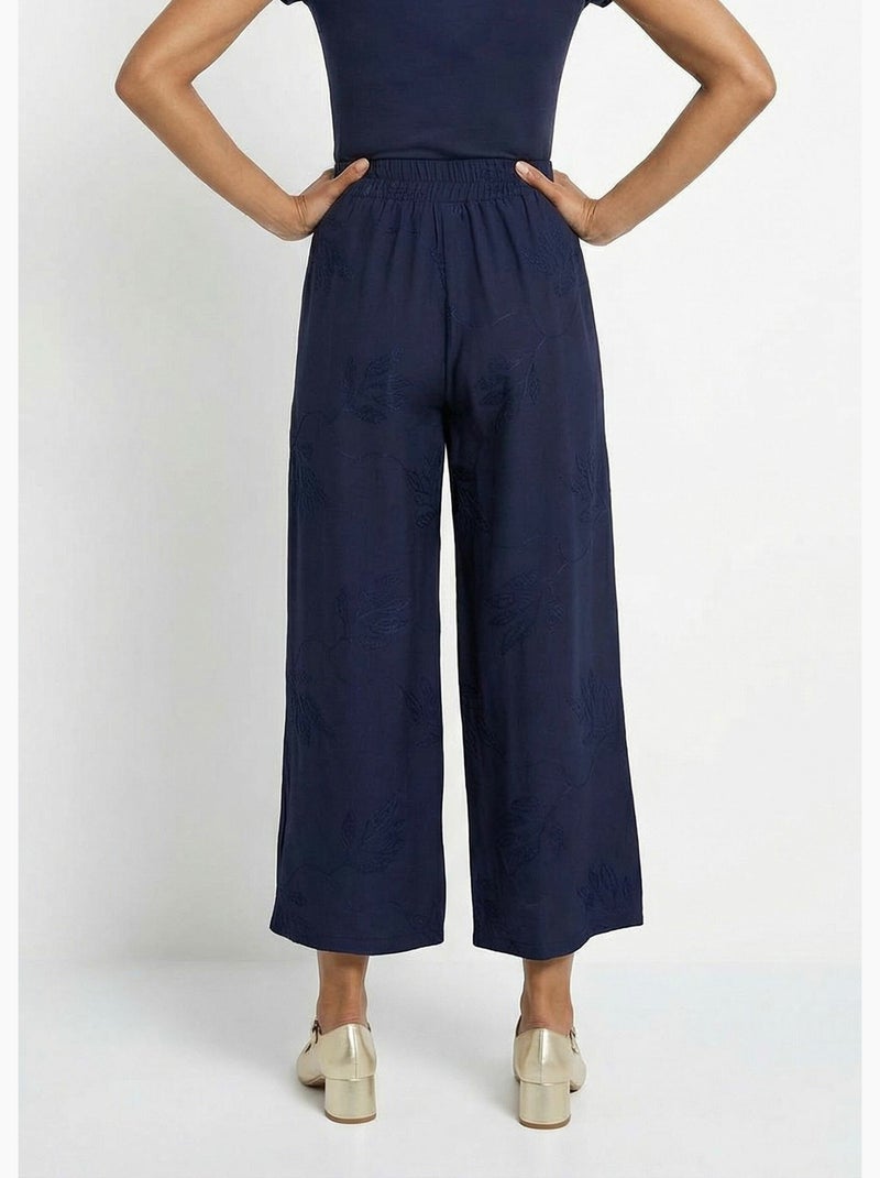 Pantalon large élastiqué brodé feuillage - Afibel Bleu marine - Kiabi