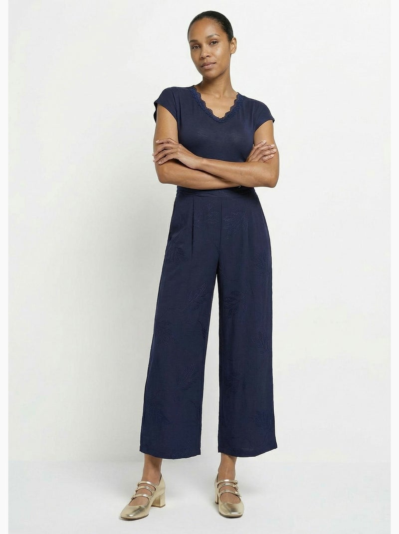 Pantalon large élastiqué brodé feuillage - Afibel Bleu marine - Kiabi