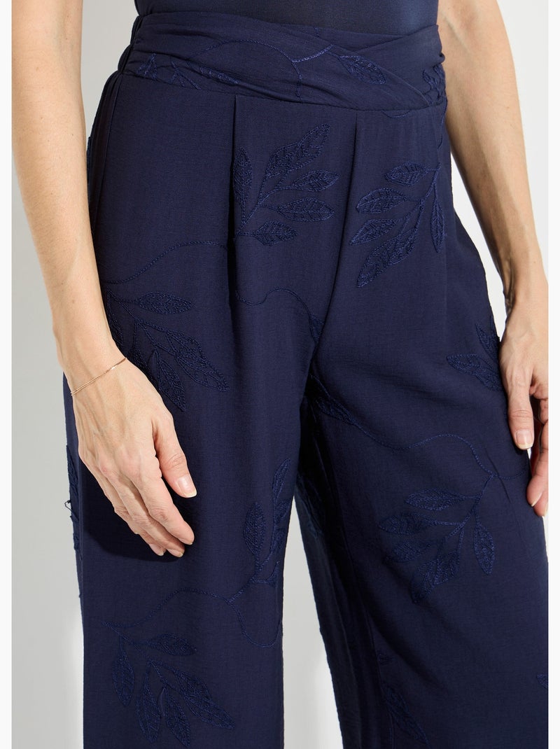 Pantalon large élastiqué brodé feuillage - Afibel Bleu marine - Kiabi
