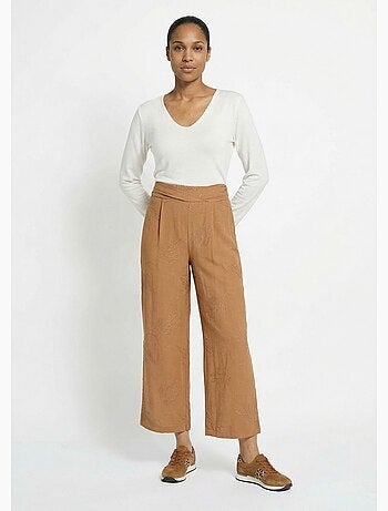 Pantalon large élastiqué brodé feuillage - Afibel