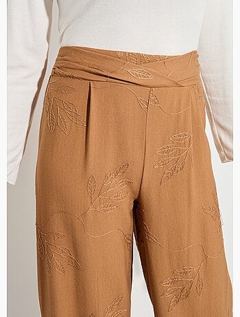 Pantalon large élastiqué brodé feuillage - Afibel