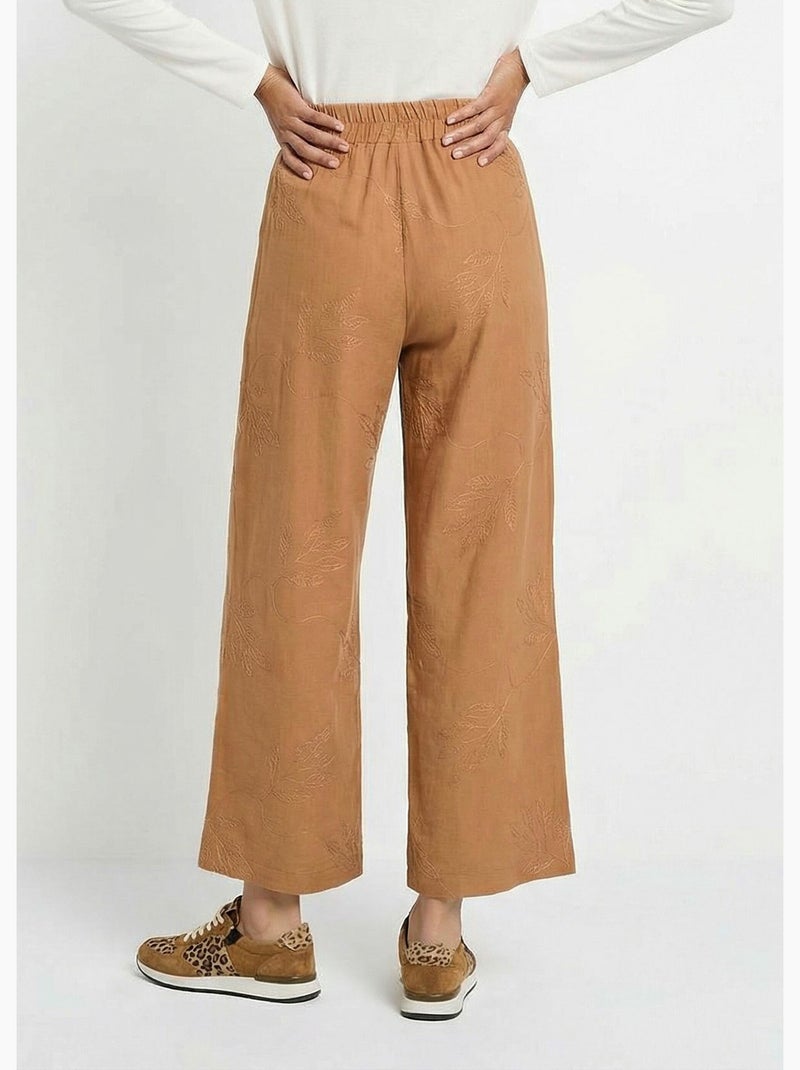 Pantalon large élastiqué brodé feuillage - Afibel Camel - Kiabi
