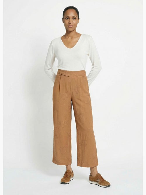 Pantalon large élastiqué brodé feuillage - Afibel - Kiabi