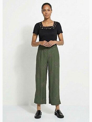 Pantalon large élastiqué brodé feuillage - Afibel