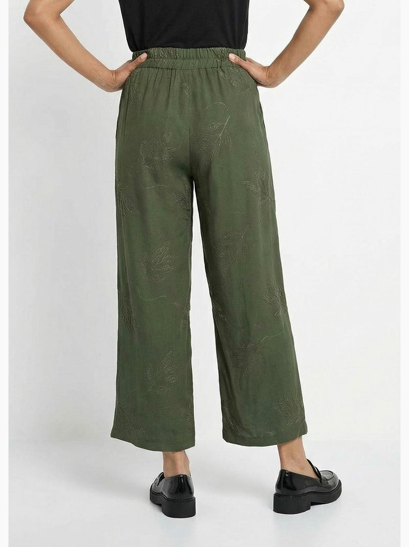 Pantalon large élastiqué brodé feuillage - Afibel Kaki - Kiabi
