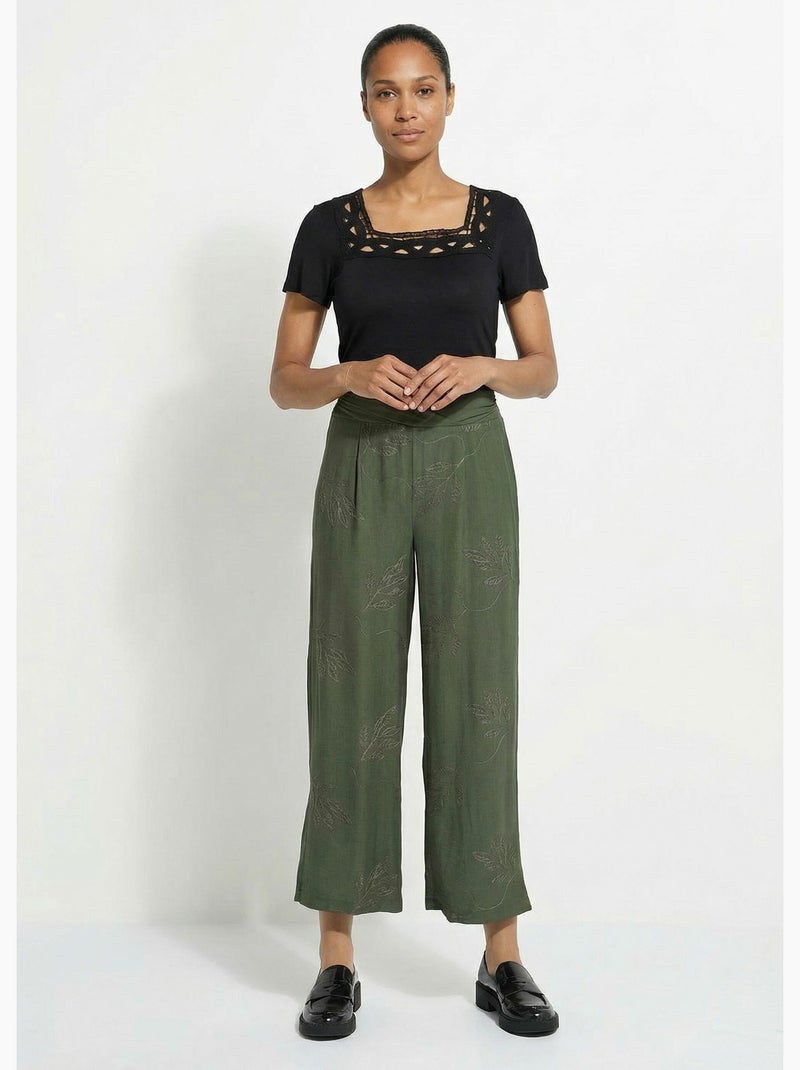 Pantalon large élastiqué brodé feuillage - Afibel Kaki - Kiabi