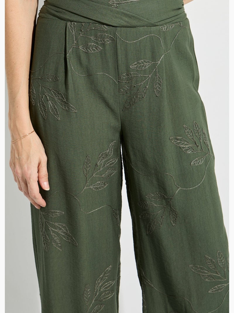 Pantalon large élastiqué brodé feuillage - Afibel Kaki - Kiabi