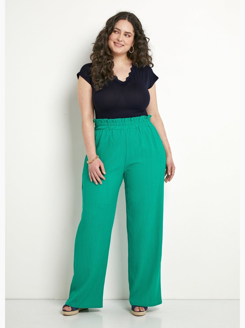 Pantalon large élastiqué, maille relief - Afibel Vert - Kiabi