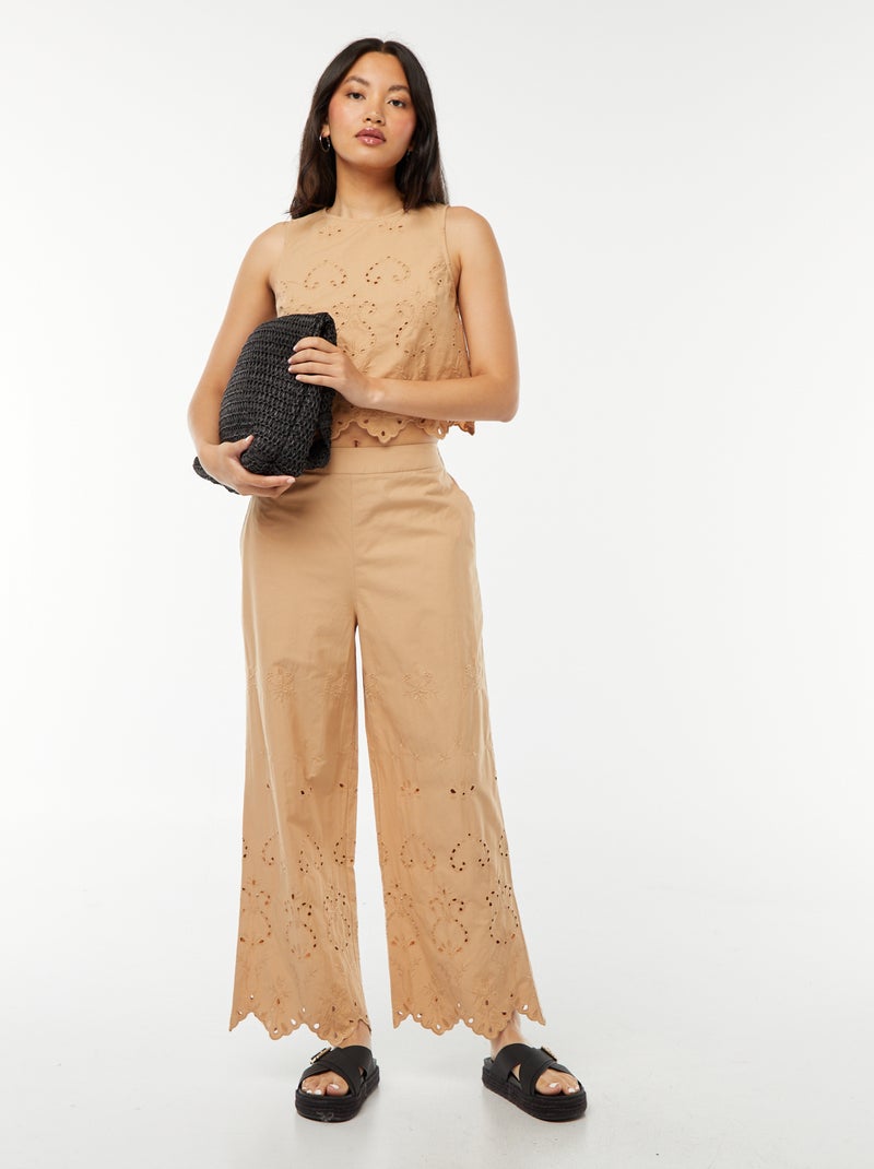 Pantalon large en broderie anglaise Beige - Kiabi