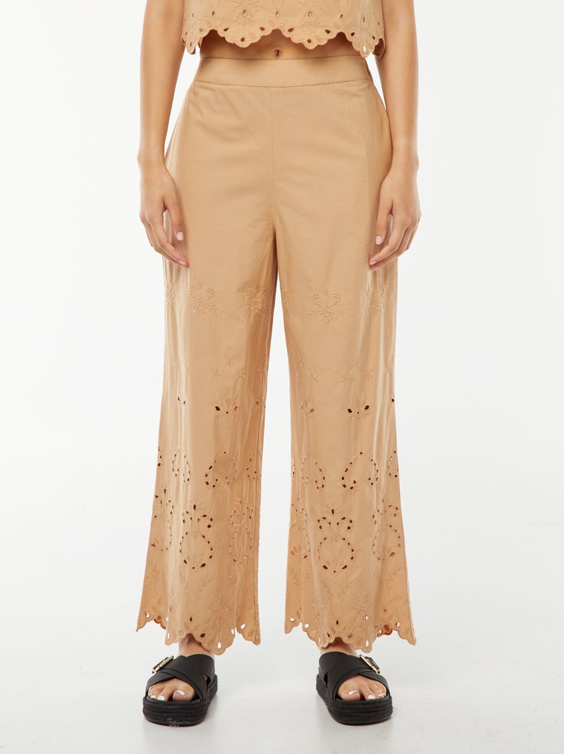 Pantalon large en broderie anglaise Beige - Kiabi