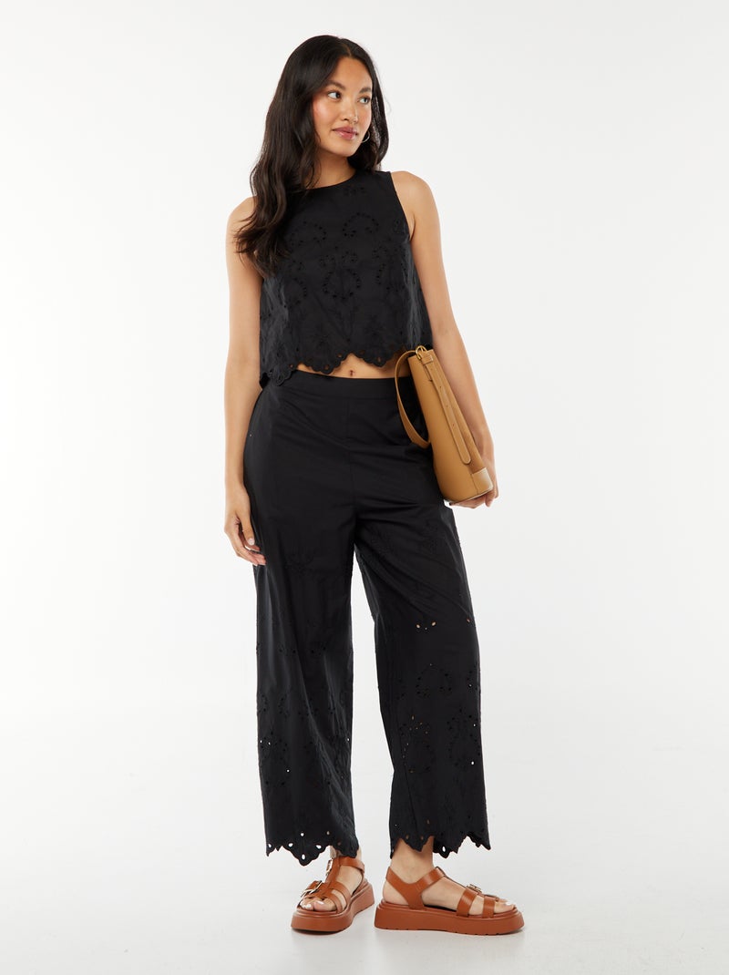 Pantalon large en broderie anglaise Noir - Kiabi