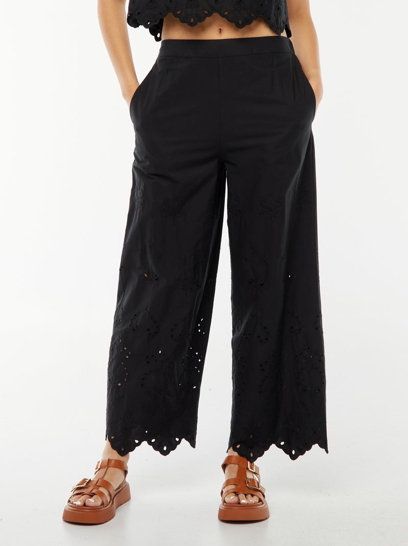 Pantalon large en broderie anglaise Noir - Kiabi